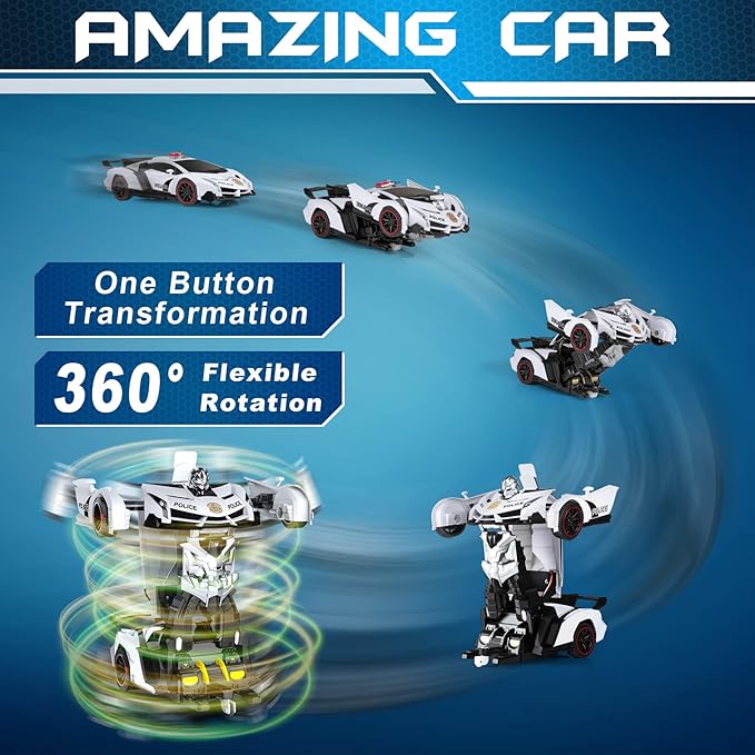 FDJ Remote Control Car - Transform Toys Car Robot One Button Deformation to Robot with Flashing Light 2.4Ghz 1:18 Scale Transforming Police Car Kids Toys with 360 Degree Rotating Girls Boys Toys