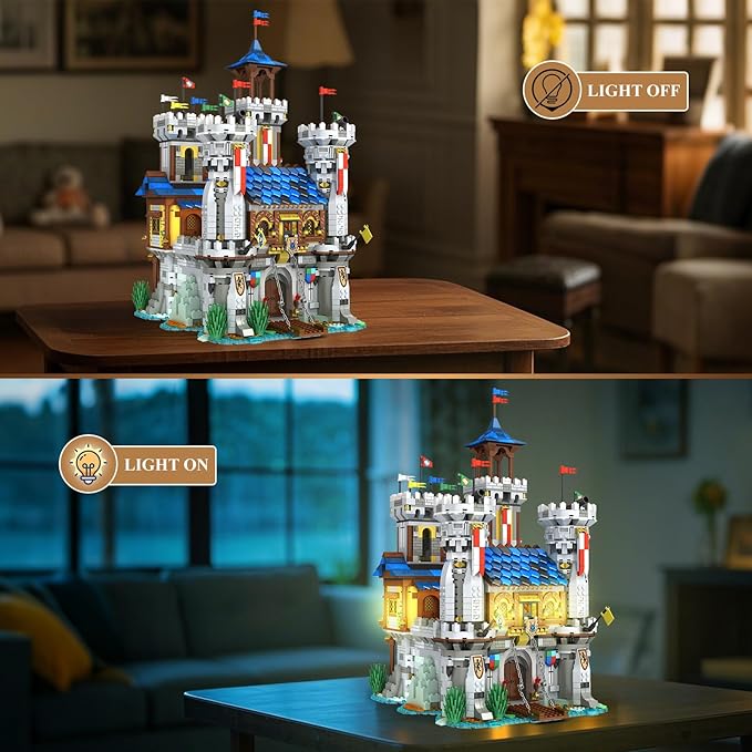 Reobrix Medieval Castle Building Sets for Adults Medieval Architecture Set with Light Collectible Model or Home Office Decor Street View House Building Kits 66006