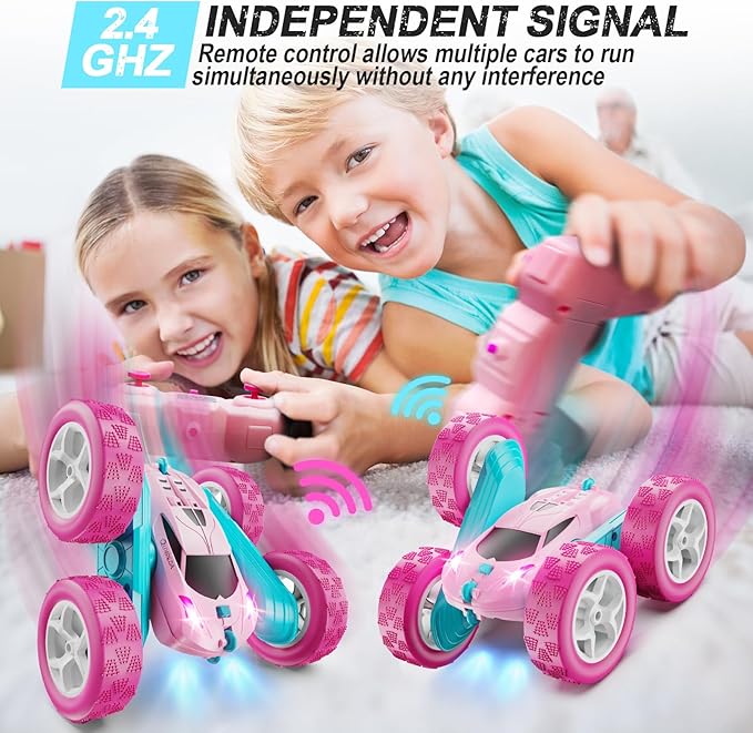 RC Cars Pink Remote Control Car for Girls 2.4 GHZ Double Sided RC Stunt Car 360° Rotating Remote Control Crawler with Headlights Car Toys for 6 7 8 9 10 11 12 Girls Birthday Gift Grandkids