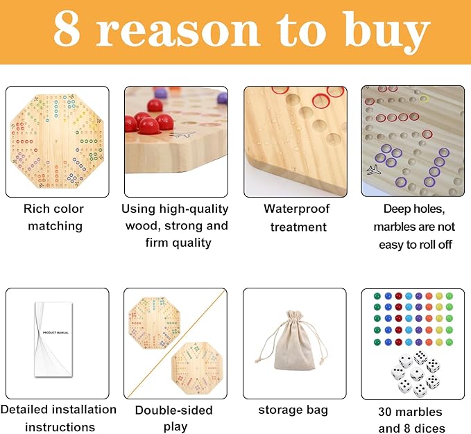 HOROW Wahoo Board Game Wooden Original Board Game Classic 2 Side Painted Fast Track Game for 6 Player and 8 Player with 32 Marbles8 Dices for Family Game Night(8-PlayerLog)