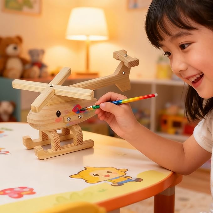 Easy Playhouse: Wood Building Toy Kit - DIY 3 Vehicle Projects: Helicopter Truck &amp Excavator 12 Paint Colors &amp 2 Brushes Arts &amp Craft Set Kids 8+