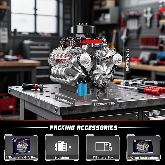 Mould King 10171 V8 Engine Model Kit Mini V8 Engine Kits That Runs Build Your Own Car Model Engine with Motor Collectible Building Blocks for Adults DIY STEM Construction Toys for Display
