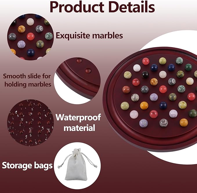HOROW 12.6 Inches Large Marble Solitaire Board Game Wooden Classic Natural Stone Marbles Solitaire Game Set Containing 36 Colored Natural Stone Marbles Strategy and Smart Games (red Walnut)