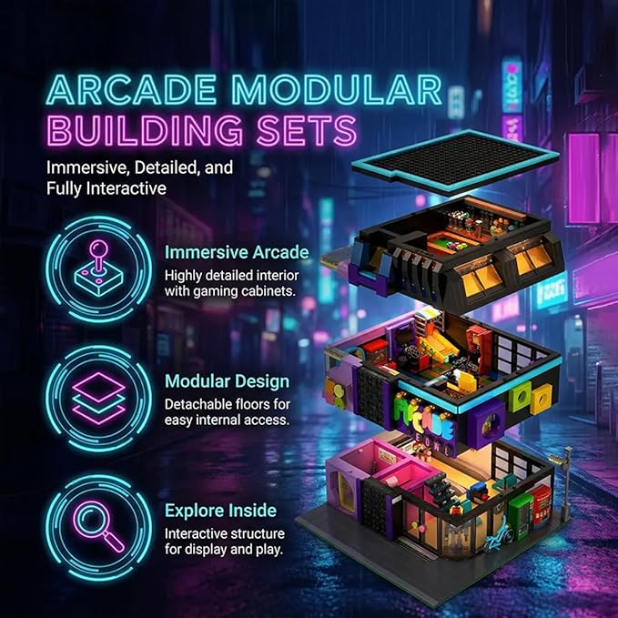 Arcade Modular Building Blocks Set with LED Lights Cyberpunk Retro Arcade Bowl Street View Bricks Collectible Construction Toy for Adults &amp Teens 14+Barweer004 (2600PCS)