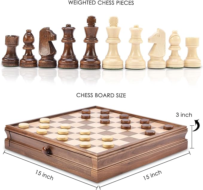 AMEROUS 15 x 15 Wooden Chess &amp Checkers Set with Built-in Storage Drawers/Weighted Chess Pieces / 2 Bonus Extra Queens / 24 Cherkers Pieces/Classic 2in1 Board Games for Kids Adults