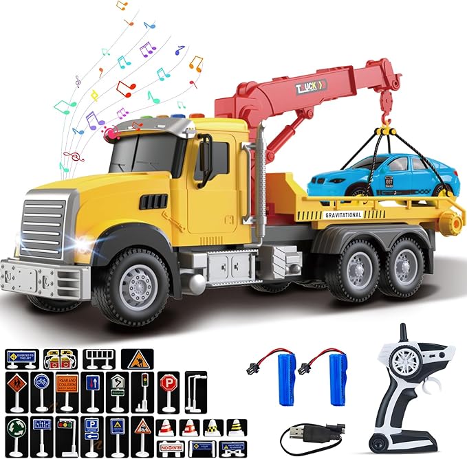 2.4GHz Remote Control Tow Truck for Kids – RC Log Truck with Racing Car 4 Channel RC Transport Crane Vehicle Toy with Lights &amp Sounds 28PCS Traffic Signs 2 Batteries – Birthday Gift for Boys Gi