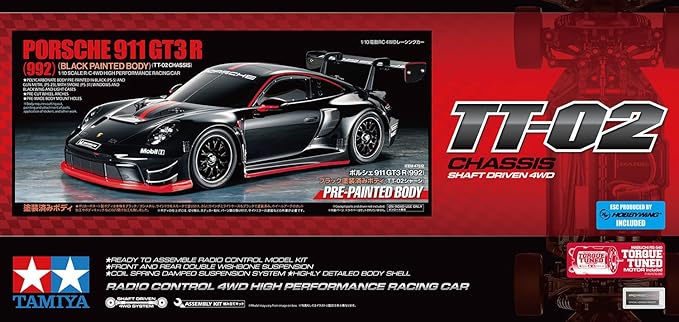 Tamiya 47512 1:10 RC Porsche 911 GT3R (992) Varnished TT-02 - Remote Controlled Car Vehicle Model Making Assembly Hobby RC Building Kit