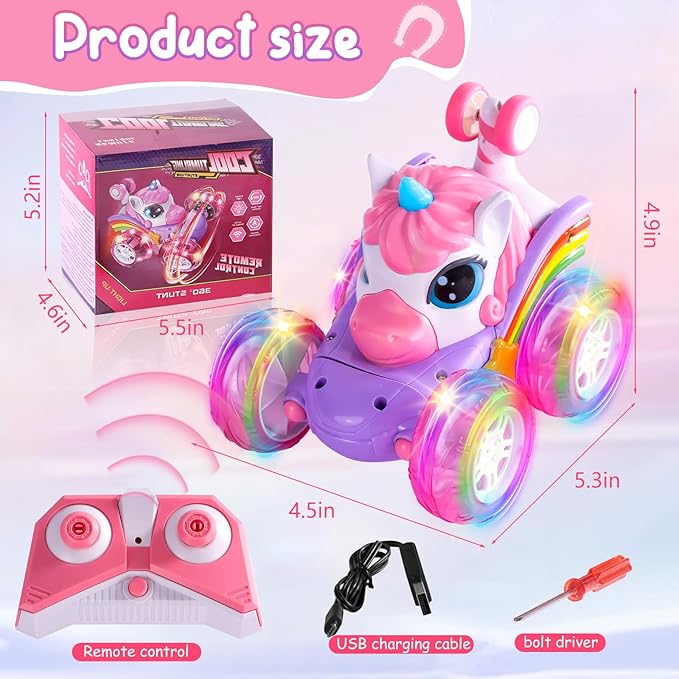 Remote Control Car Unicorn for Girls 360° Rotating 4WD Stunt RC Cars with Cute Cool LED Lights 2.4GHz Toy Car USB Direct Charging RC Cars Birthday Gifts for Kids Girl Age 3-6 7-9 (LY-018)