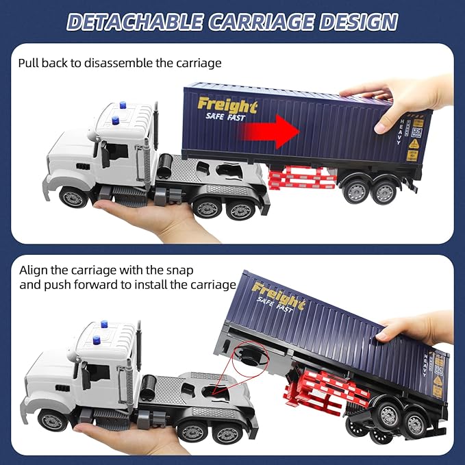 Mostop RC Semi Truck with Trailer - 23.6 Inch Large Remote Control Toy for Kids 3-8 2 Rechargeable Batteries 8 Mini Cars LED Lights &amp Sound 2.4GHz Semi-Trailer Truck Toys for Boys Girls