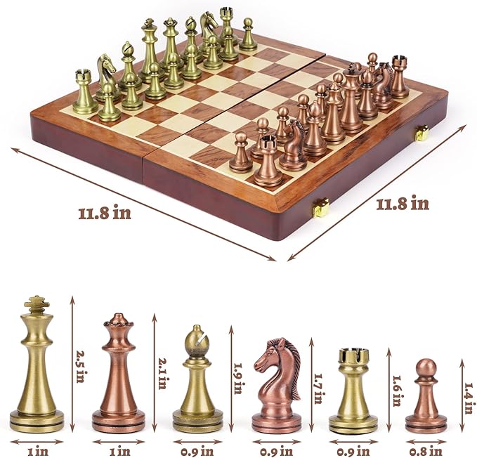 Agirlgle Retro Metal Chess Set with Folding Wooden Chess Board and Classic Handmade Standard Pieces Metal Chess Set for Kids Adult