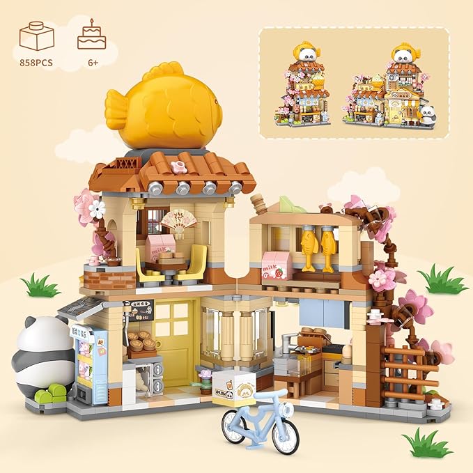 Japanese Street View Taiyaki Shop Mini Building Blocks MOC Creative Building Toys Cute Panda Building Set for Kids 6-12 Simulation Architecture Construction Toy Gift Idea for Kids Adults (858 PCS)