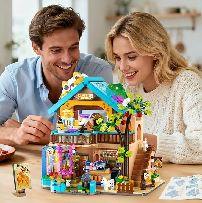 City Pet Shop Building Set with Lights Cozy Pet Store Construction Toy with Cats Dogs Cute Animal Store Miniature House Model Building Block Kit for Adults Kids Boys Girls Ages 8-12+