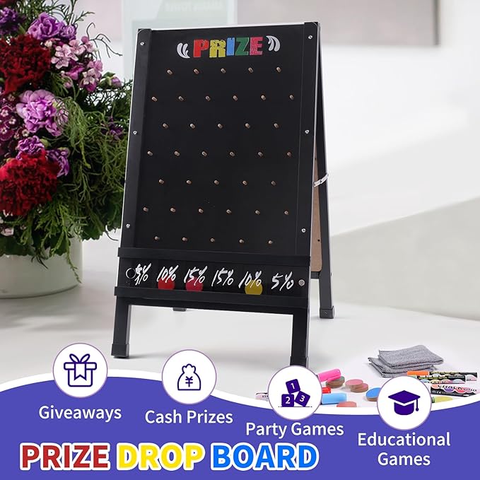 Prize Drop Game Board 15.7X27.5 Double-Sided Foldable Design with Wooden A-Frame Chalkboard Sign for Family Carnival Trade Show &amp Party-Includes 10 Coin Drop Discs and Chalk Set Portable Des
