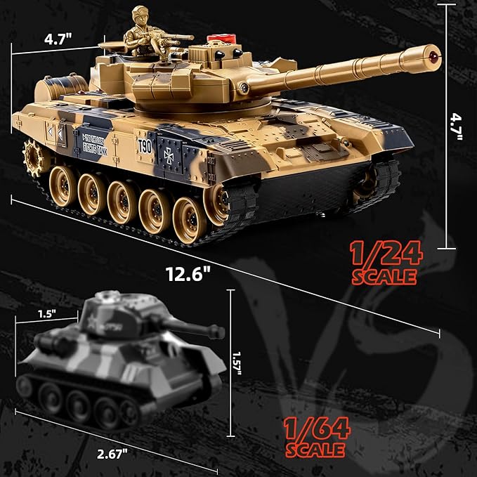 1/24 Remote Control Tank 2.4Ghz Russian T-90 RC Tank &amp 330° Turret Rotation 2× Rechargeable Batteries Army Toys for Boys Infrared Battle Toy with Lights Smoke and Sound Effect Gift for 4+ Kids