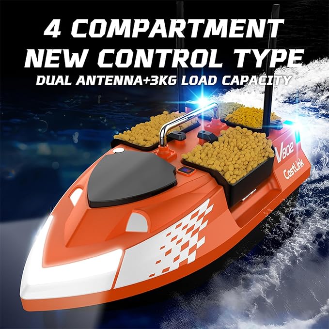 RC Bait Boat for Fishing with 4 Bait Containers 1640FT Remote Range Line Drop Cruise Control Dual 5200mAh Batteries LED Lights Hook Release &amp Carry Bag (Orange)
