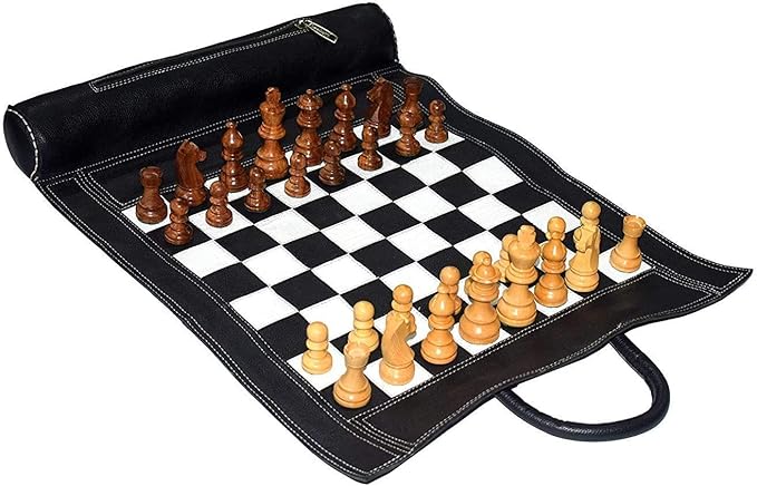 19X15 Genuine Leather Chess Set (Chess Size-12X12) - with 3 King Size Chess Pieces &amp Roll-Up Leather Chess Board (Black)