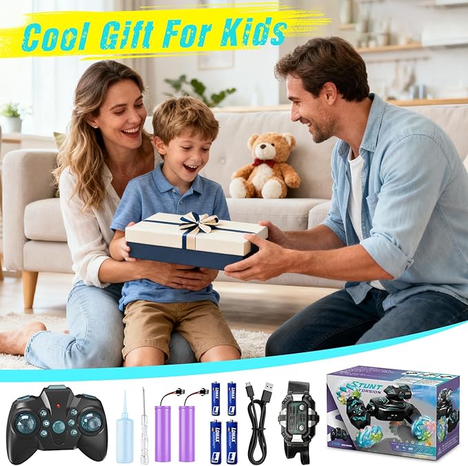 Gesture Sensing Remote Control Car RC Cars Toys for Boys Age 6-12 4WD Hand Controlled Twist &amp Transform 360° Spins Stunt Car with Mist Light &amp Music 8-10 Year Old Boys Birthday Gift Blue