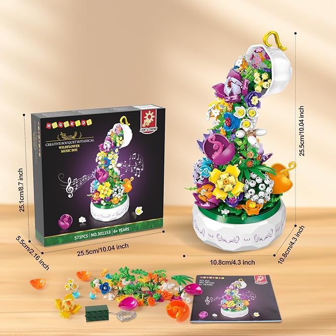 HOGOKIDS Flowers Music Box Building Block Kit with Light- 571PCS Valentines Day Gifts Decoration Rotating Music Box Blocks Set | Botanical Collection Birthday Gift Girls Boys Adults Kids Ages 6+