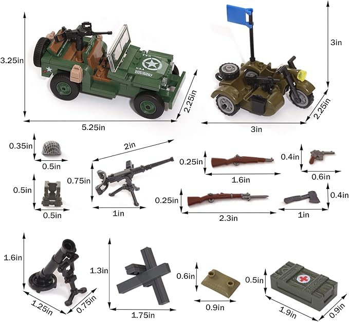Feleph WW2 Military Vehicles Weapons Pack 282 Pieces US Army Building Block Toy Set WWII Car Tricycle Gear Helmets Vests Tools Bricks Model Compatible with Soldier Figures for Ages 6 and Up
