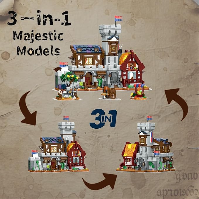 3 in 1 Medieval Cabin Knight Castle Town Square Center Building Set 3 Storytelling Viking Village Sets for Adult House Collection Toy Creative Present for Enthusiasts 1760PCS