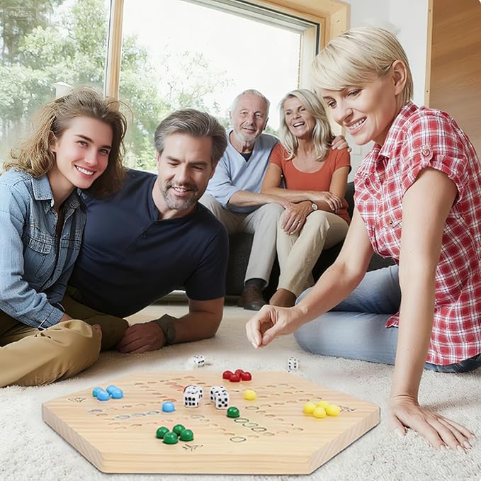 HOROW Wahoo Board Game Wooden Original Board Game Classic 2 Side Painted Fast Track Game for 4 Player and 6 Player with 30 Marbles6 Dices for Family Game Night(6largeLog)