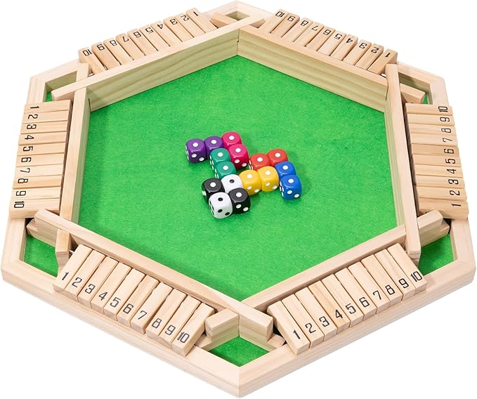 Shut The Box Dice Game - Classic Wooden Tabletop Game for 2-6 Players - Natural Wood Finish Family Board Game for Adults &amp Kids - Perfect for Parties Bars Classroom Math Learning