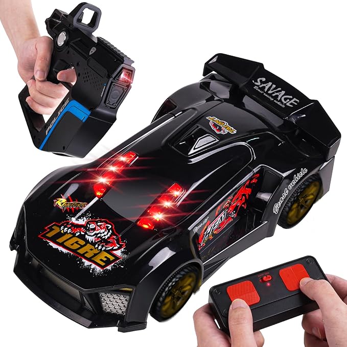 3-in-1 RC Drift Car Remote Control 1:24 Police/Sports/Racing Rechargeable 2-Player Battle Set with Infrared Gun Knock-to-Flip 60 Min Play for Kids 4 5 6 7 8 9 Year Old (Black)