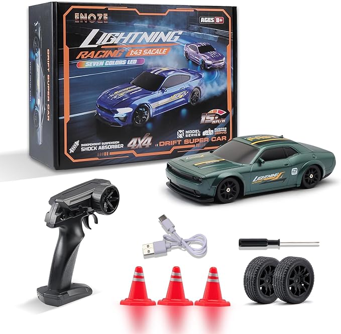 1:43 Scale Mini Racing Drift Car Model2.4GHz Remote Control Car 4WD High Speed Race with LightsRacing TiresRC Toys Hobbyist Gift for Adults Kids Boys Girls (Green)