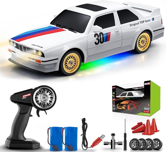 RC Drift Car 2.4GHz 1:16 Scale 4WD 30KM/H High Speed Remote Control Cars Vehicle with LED Lights 2Pcs Rechargeable Batteries Drifting Tires Racing Sport Toy Cars for Adults Boys Girls Kids Gift