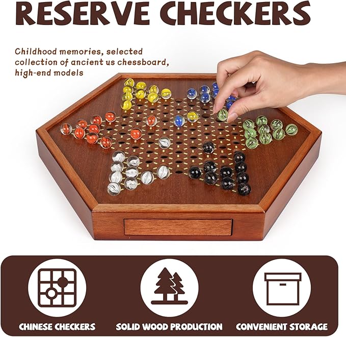 15-Inch Wooden Chinese Checkers Board Game Set – Classic Strategy Game with 72 Glass Marbles Dual-Sided Storage Drawer Family Board Games for Adults Educational Travel and Indoor Game