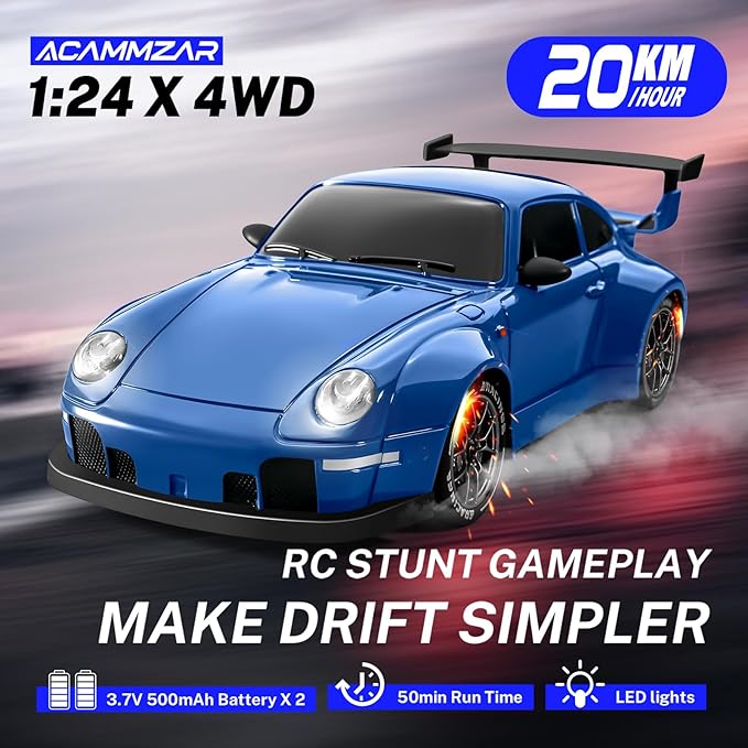 ACAMMZAR RC Drift Car 1:24 Remote Control Car for Kids 20KM/H 4WD High Speed RC Cars with LED Lights Two Batteries Extra Drifting Tires Vehicle for Adults Boys Girls Blue