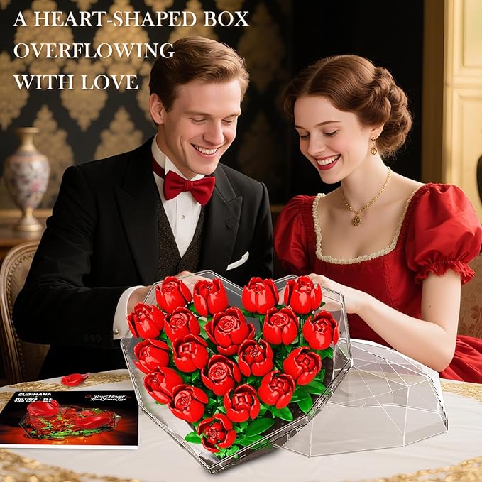 Flower Bouquet Building Set with LED Lights - 19 Rose Red Botanical Collection Block Toy with Heart Shaped Cover for Adult Her Lover Wife Women Girls 8-12+