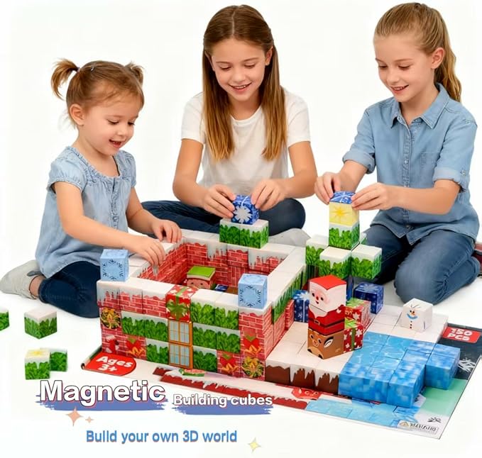 150PCS Magnetic Tiles Christmas Building Set STEM Sensory Toys with Santa &amp Reindeer Figures for Kids Ages 3-12 Gift Educational Magnetic Blocks for Toddler Boys Girls