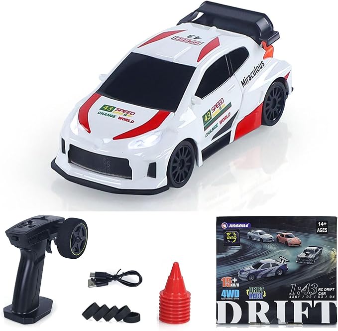 2.4GHz 1:43 Full Scale RC Drift Car High Speed 15km/h Speed 4WD RTR Mini Car 3-Speed Modes Multifunctional Lights Gyroscope Hobby Grade Model for Christmas Birthday Gift