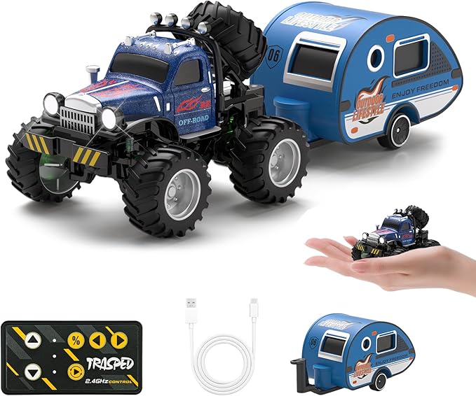 Snugzy Mini RC Car 1:64 Scale RC Truck for Kids with Trailer 2.4Ghz Remote Control Rechargeable RC Cars Toy Gifts for Boys Girls Adult (Blue)