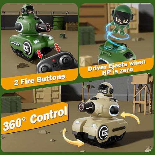 2 Pack Cute Cartoon Remote Control Battle Tanks with Laser tag|Hobby RC Cars Shoot to Ejected Out|Military Army Toys for 6 7 8 Year Old Boys Girls | Christmas Birthday Easter Gifts for 8-12