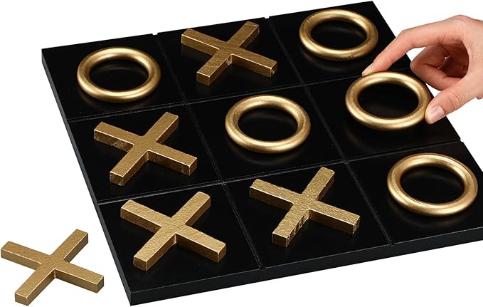 11.8x11.8 Inch Tic Tac Toe Wood Game Board Coffee Table Decor Modern Wooden for Board Table Top Living Room Decor Fun Family Party Adults Travel Ages15+ (Black Gold)