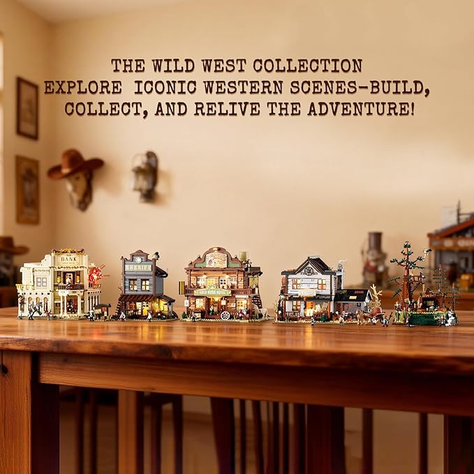 Western-Inn Lighting-Building-Bricks Set - 2682 Pcs The Old West Inn Light Construction Hotel Building Model Set for Adults and West Lovers