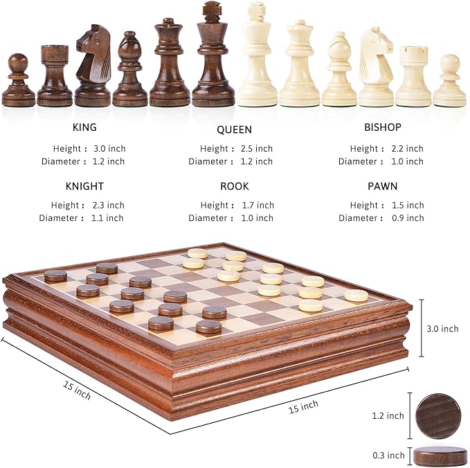 VAMSLOVE Chess and Checkers Board Game Sets for Adults Wooden Deluxe 15 inch Wood Board Box with Storage Classic 2 in 1 Large Size with Chess Pieces - 3” King Height - 2 Extra Queens