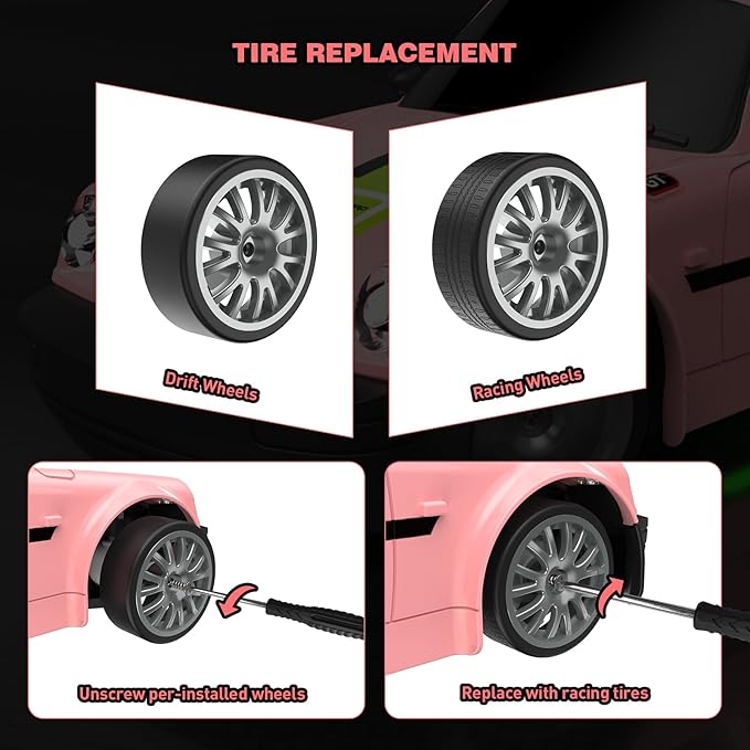 Remote Control Car RC Drift Car 2.4GHz 1:20 Scale 4WD 20KM/H High Speed Remote Control Cars Vehicle with LED Lights Drifting Tire 2Pcs Rechargeable Batteries Toy Cars for Adults Boys Girls (Pink)