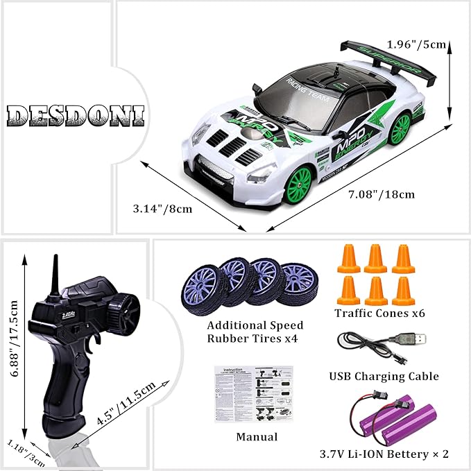 RC Drift Car Remote Control Car 2.4GHz 1:24 Scale 4WD 15KM/H High Speed Model Vehicle LED Lights Drifting Tire Racing Sport Toy for Adult Boys Girls Kids Gift 2Pcs Rechargeable Batterie