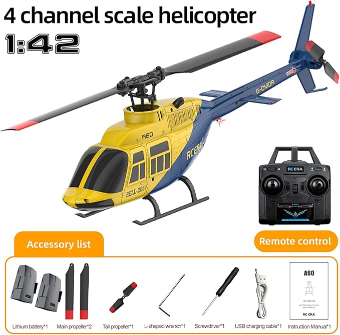 A60 206 Remote Controlled Helicopter Aircraft Plane 4CH RC Heli Aileronless 1/42 Scale 6-Axis Gyroscope Altitude Hovering Optical Flow Position 2Battery for Adults Beginners Yellow
