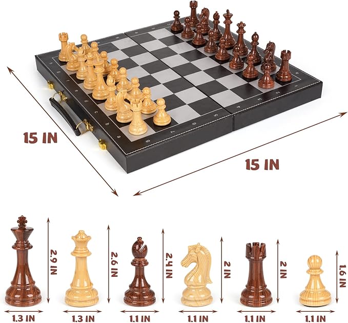 3 in 1 Magnetic Chess Set &amp Checkers Backgammon Board Game Set 15 Wooden Folding Chess Board Tournament Portable Travel Chess Set Beginner Chess Board Game for Adults &amp Kids