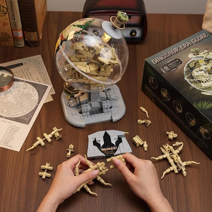 Dinosaur Skull Fossils Globe Building Set360° Rotatable Globe Display Model with LED LightSTEM Skeleton Model Educational Toy Gifts for Boys and Girls Ages 14+