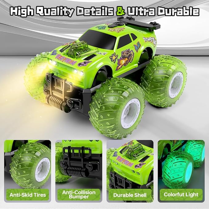 Remote Control Car for Toddler Monster Truck for Boy Age 4-7 with Dinosaur DIY Sticker Headlight Colorful Light Spin and Mist Birthday Gift Toy for Boy Age 3-5 5-7