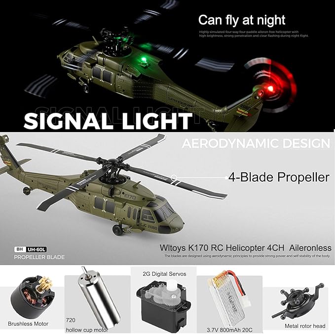 K170 UH60L Remote Controlled Helicopter Aircraft Plane 2.4Ghz 4CH RC Helicopter Heli Aileronless 6-Axis Gyroscope Altitude Hovering 3-Batteries for Adults Beginners