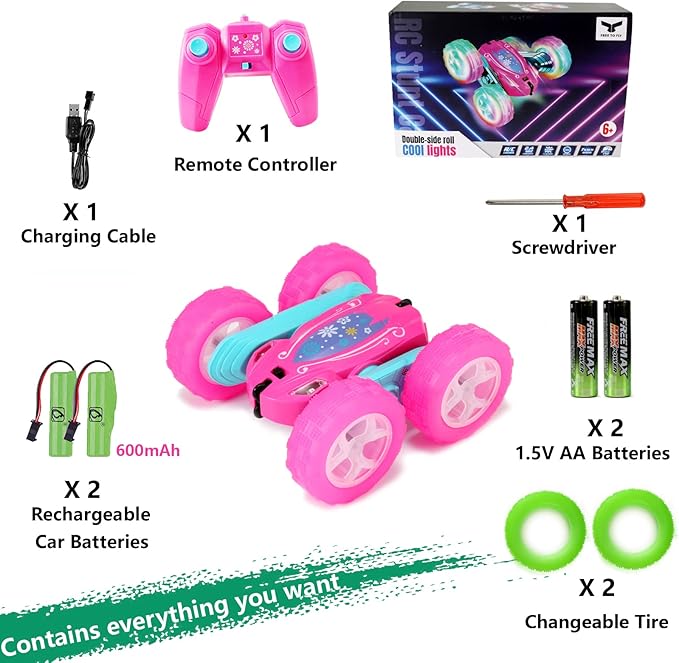 FREE TO FLY Remote Control Car for Girls : Pink RC Car Double Sided 360°Flip Stunt Cars with Headlights &amp WheelLights Rechargeable Toy Car Birthday Gifts for Girl Kids Age 6 7 8 9 10 11 12 Year Ol