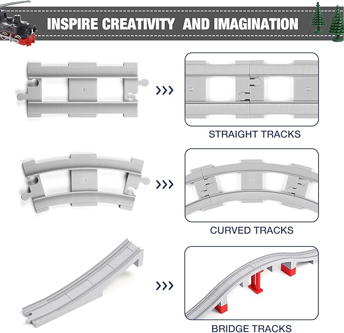 34 Pieces Train Bridge Tracks Classic Railway Track with 12 Curved Tracks 12 Straight and Bridge Tracks - Compatible with All Major Brands Toy Track Accessory for Kid Light Grey