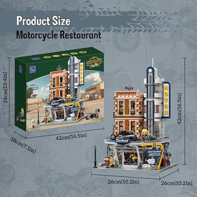 PANTASY Retro Motorcycle Diner &amp Bar Building Set - Modular Street Corner Architecture Kit with Interactive Doors Openable Walls 4 Motorcycles &amp 5 Exclusive Minifigures for Display &amp Pla