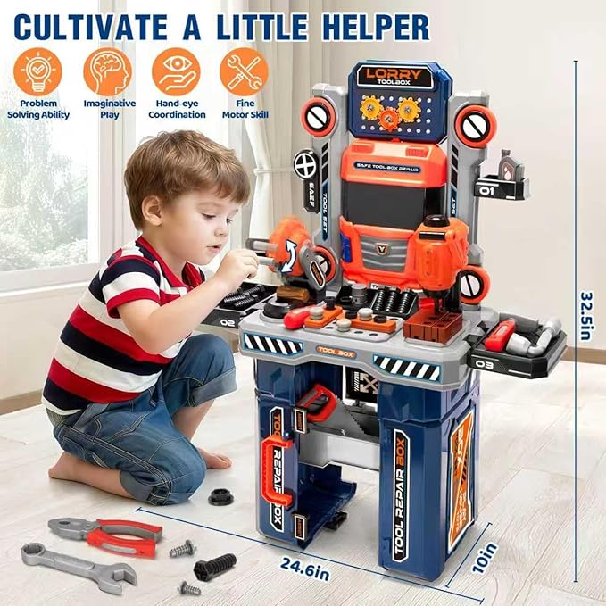 Kids Tool Bench with Electric Drill and Power Miter Saw Construction Workbench Toys for Boys Age 3 4 5 6 7 8 Toddler Realistic Tools Table Playset Tool Box Set Christmas Birthday Gift for Kids 3-5